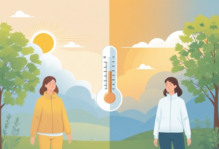 Duas pessoas em ambientes divididos, uma com roupa leve sob sol suave e outra com jaqueta leve, representando a sensação de 20 graus Celsius.