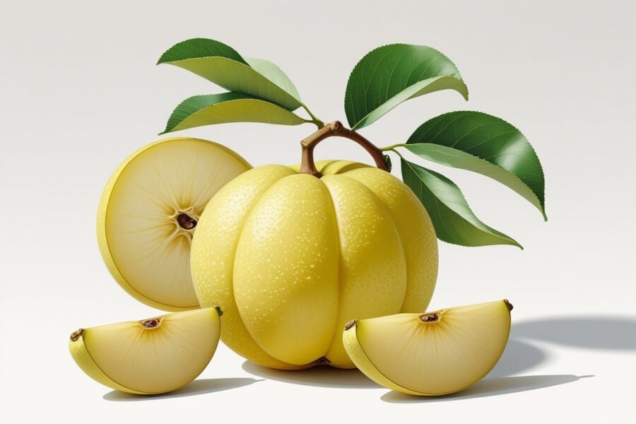 Fruta marmelo amarela com folhas verdes, mostrando um inteiro e fatias cortadas que revelam o interior claro e sementes.