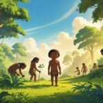 Criança humana primitiva em uma paisagem natural com outras pessoas antigas ao redor, cercadas por árvores e plantas.