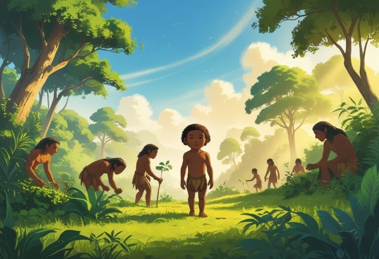 Criança humana primitiva em uma paisagem natural com outras pessoas antigas ao redor, cercadas por árvores e plantas.