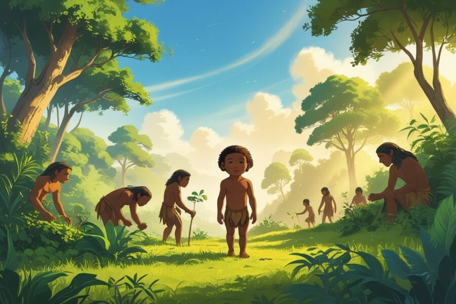Criança humana primitiva em uma paisagem natural com outras pessoas antigas ao redor, cercadas por árvores e plantas.