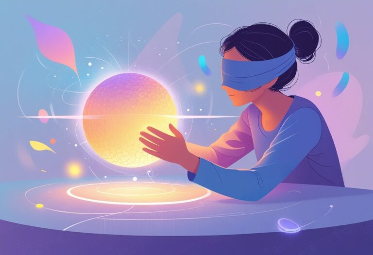 Pessoa com os olhos vendados tocando uma esfera luminosa que emite luzes coloridas, cercada por formas abstratas que simbolizam os sentidos além da visão.