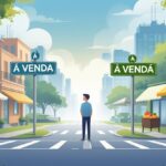 Pessoa pensativa em uma encruzilhada urbana com sinais visuais representando venda de imóvel e venda em mercado, sem texto visível.