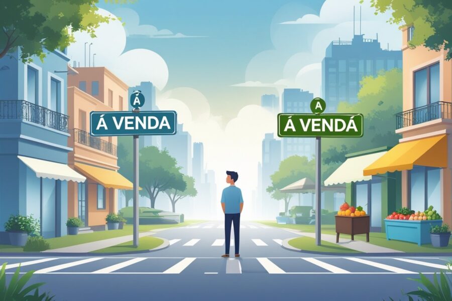 Pessoa pensativa em uma encruzilhada urbana com sinais visuais representando venda de imóvel e venda em mercado, sem texto visível.