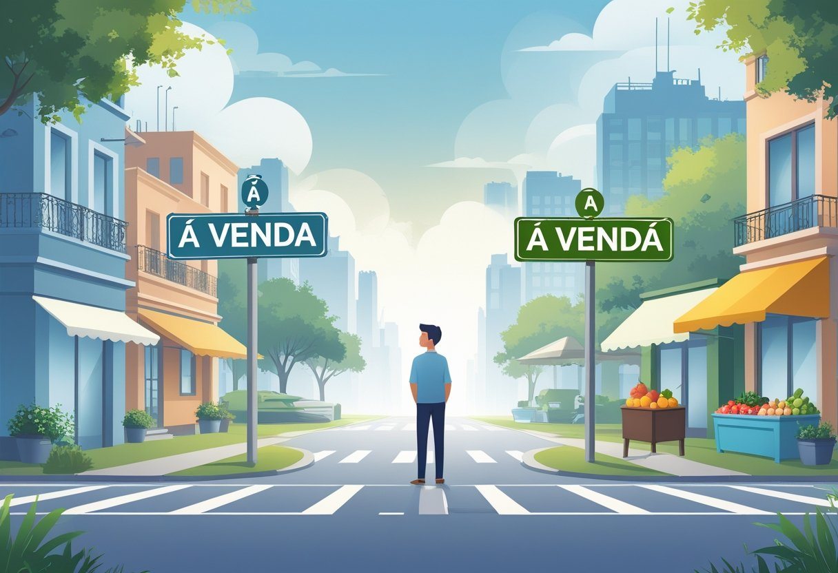 Pessoa pensativa em uma encruzilhada urbana com sinais visuais representando venda de imóvel e venda em mercado, sem texto visível.