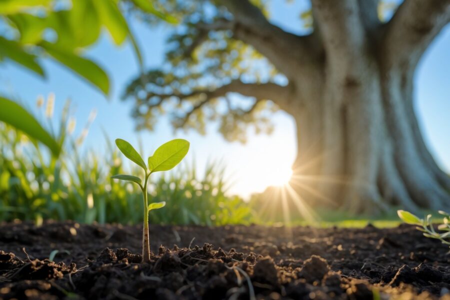 Uma pequena muda verde crescendo em solo escuro, com uma grande árvore desfocada ao fundo sob luz natural.