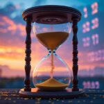Um relógio de areia grande com areia dourada escorrendo, com um céu ao pôr do sol ao fundo, representando a passagem do tempo.