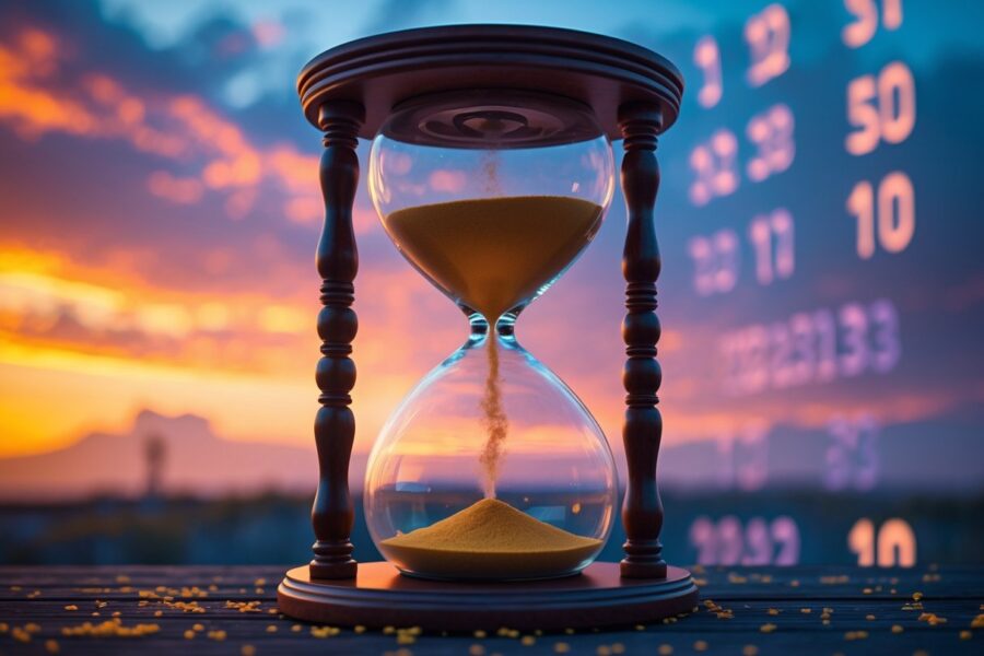 Um relógio de areia grande com areia dourada escorrendo, com um céu ao pôr do sol ao fundo, representando a passagem do tempo.