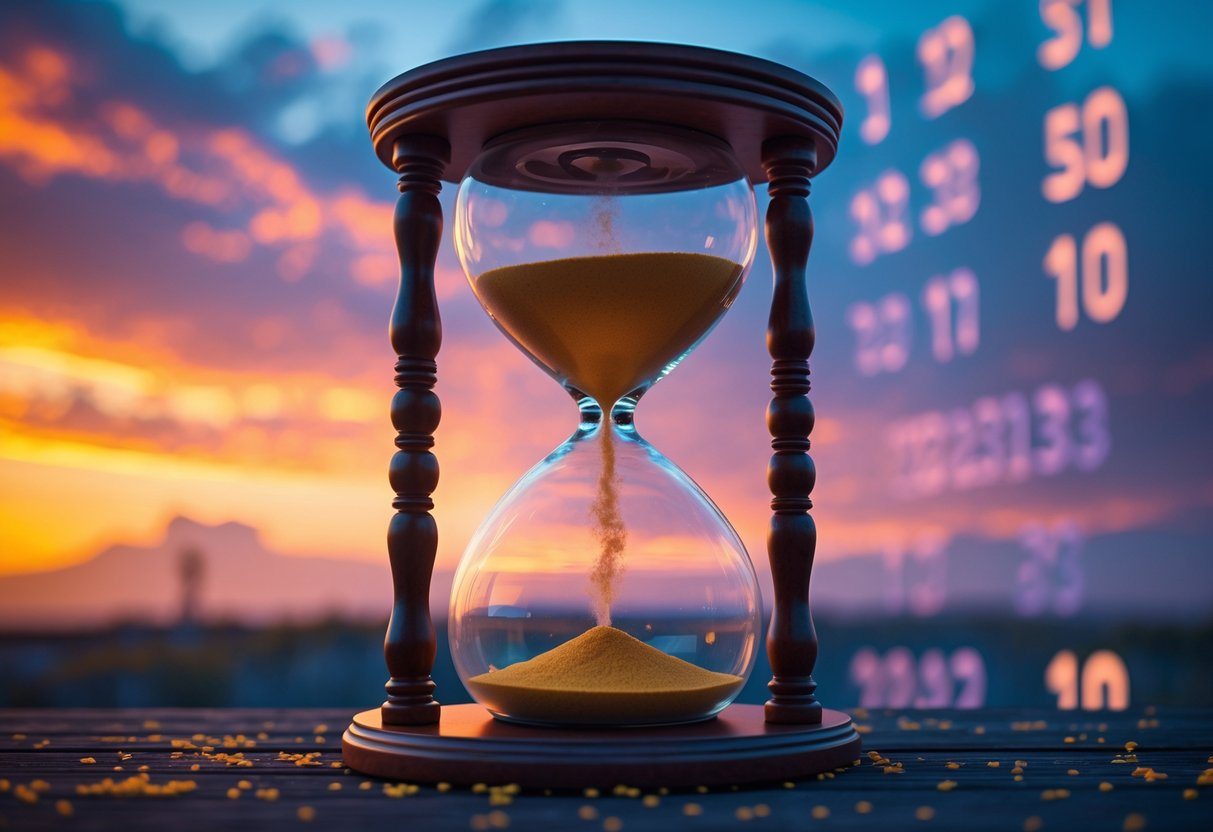 Um relógio de areia grande com areia dourada escorrendo, com um céu ao pôr do sol ao fundo, representando a passagem do tempo.