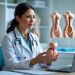 Médica em consultório segurando um modelo 3D de útero, com modelos anatômicos ao fundo.