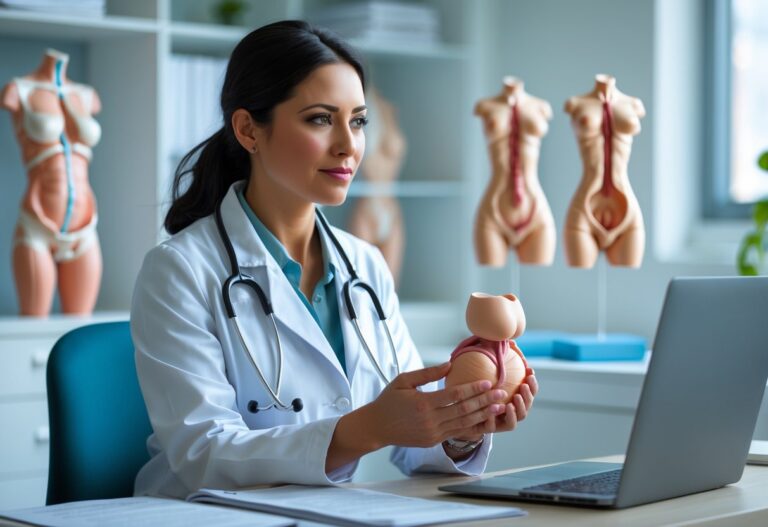 Médica em consultório segurando um modelo 3D de útero, com modelos anatômicos ao fundo.