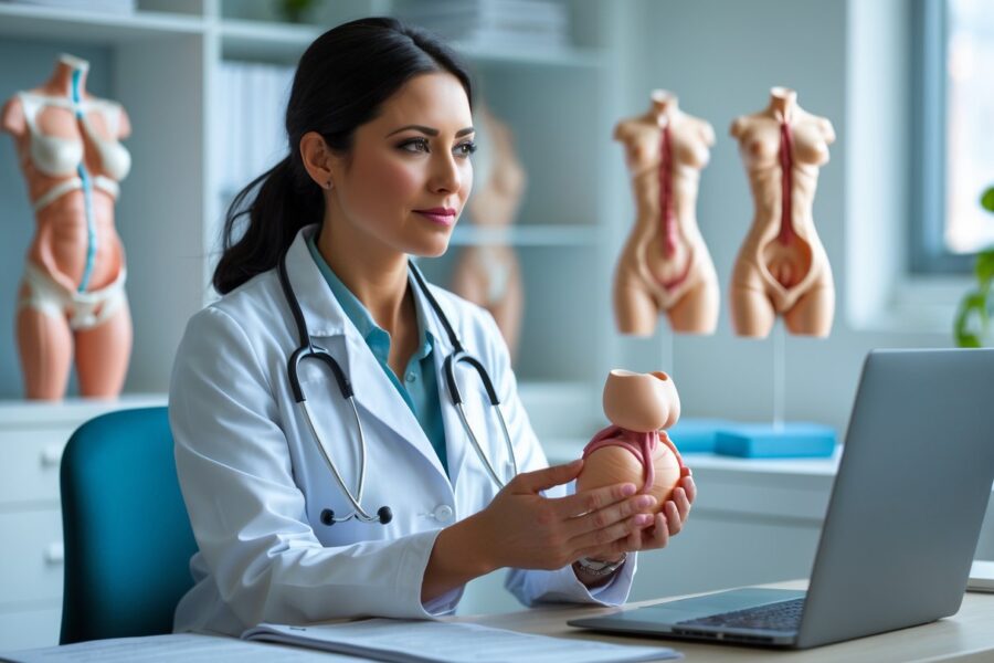 Médica em consultório segurando um modelo 3D de útero, com modelos anatômicos ao fundo.