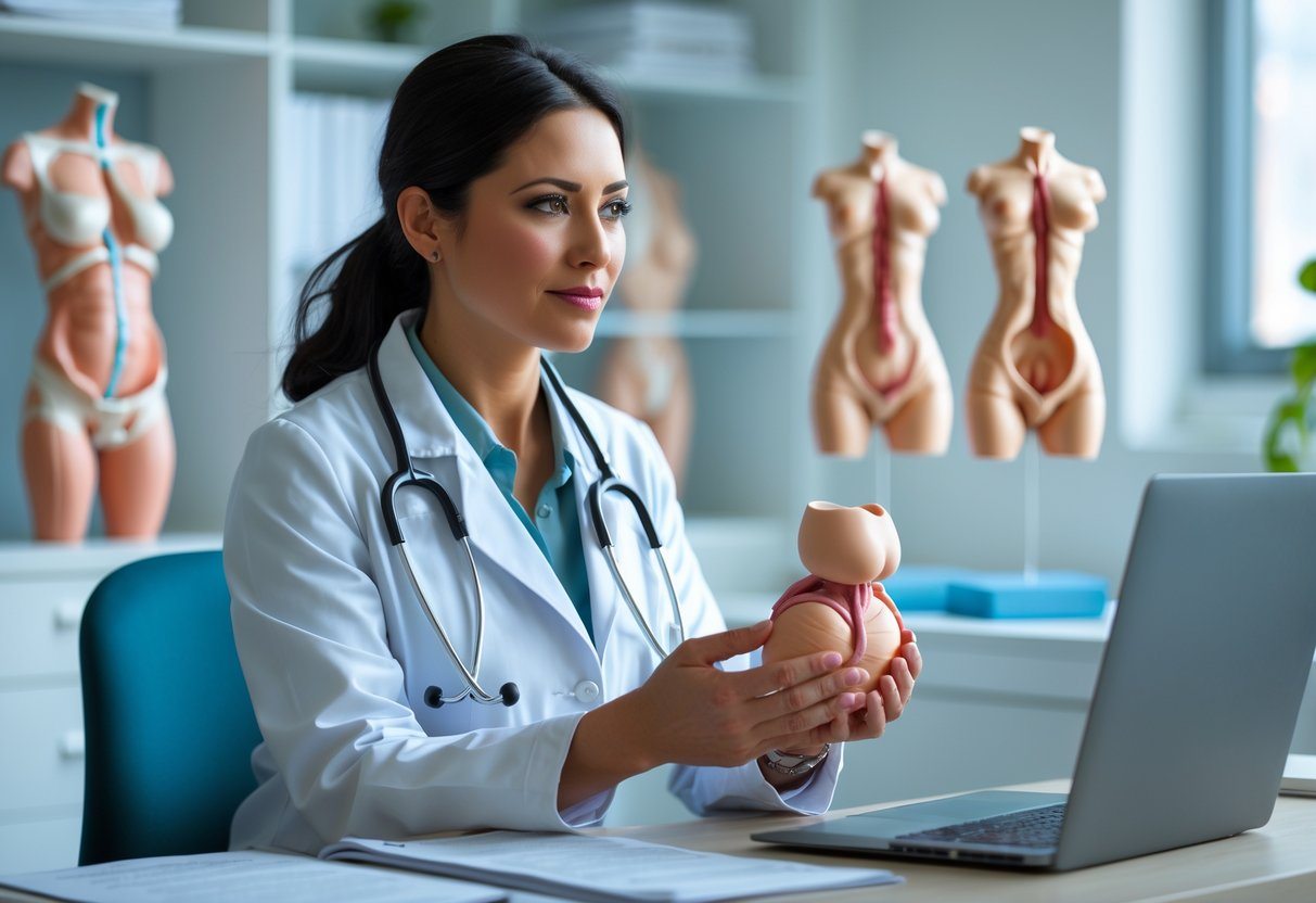 Médica em consultório segurando um modelo 3D de útero, com modelos anatômicos ao fundo.
