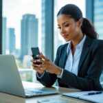 Mulher de negócios sentada em uma mesa de escritório, olhando atentamente para o celular, com uma janela mostrando prédios ao fundo.