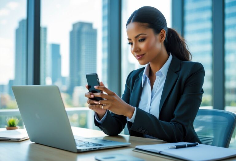 Mulher de negócios sentada em uma mesa de escritório, olhando atentamente para o celular, com uma janela mostrando prédios ao fundo.