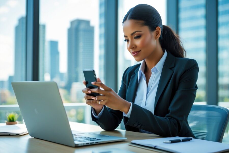 Mulher de negócios sentada em uma mesa de escritório, olhando atentamente para o celular, com uma janela mostrando prédios ao fundo.