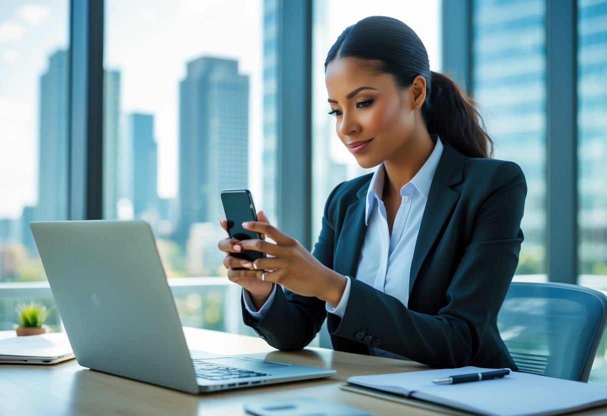 Mulher de negócios sentada em uma mesa de escritório, olhando atentamente para o celular, com uma janela mostrando prédios ao fundo.