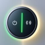 Botão de energia moderno mostrando os estados ligado e desligado em um fundo claro e minimalista.