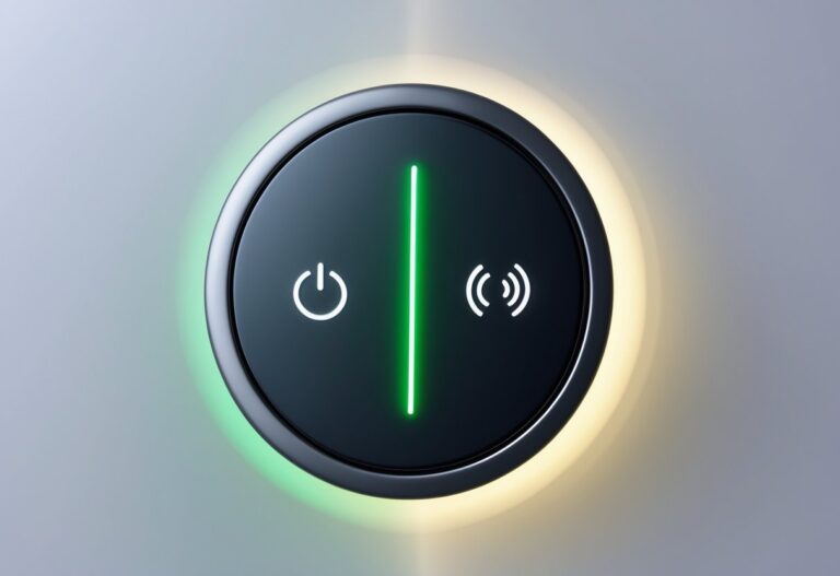 Botão de energia moderno mostrando os estados ligado e desligado em um fundo claro e minimalista.