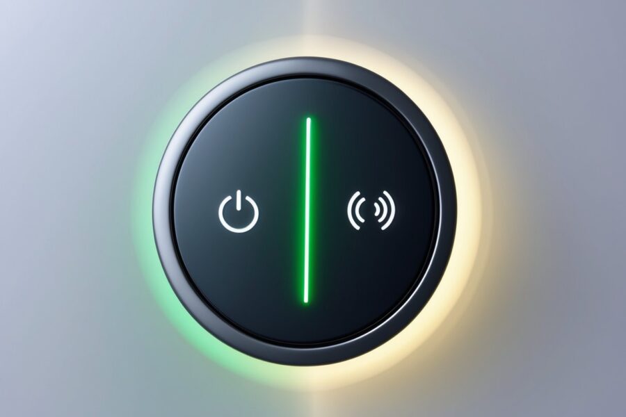 Botão de energia moderno mostrando os estados ligado e desligado em um fundo claro e minimalista.