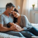 Casal adulto em um quarto aconchegante, mulher amamentando o marido sentado na cama, ambos com expressões de carinho e conexão.