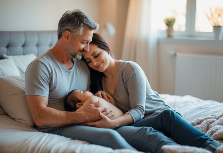 Casal adulto em um quarto aconchegante, mulher amamentando o marido sentado na cama, ambos com expressões de carinho e conexão.