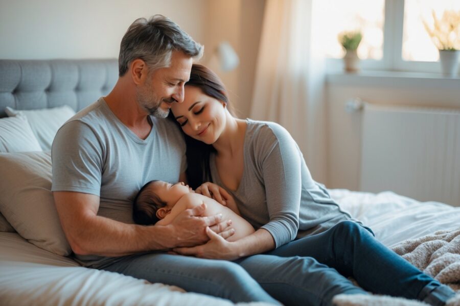 Casal adulto em um quarto aconchegante, mulher amamentando o marido sentado na cama, ambos com expressões de carinho e conexão.