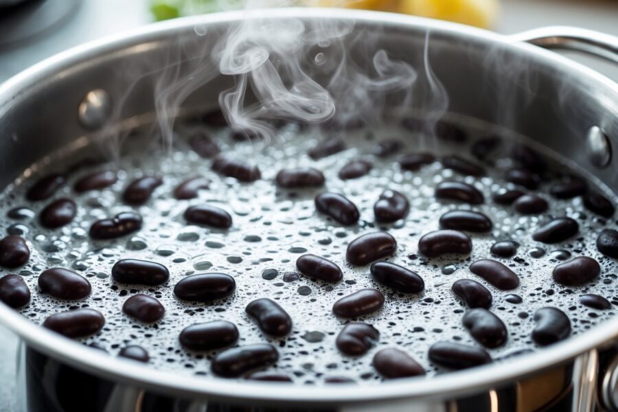 Feijão preto fervendo com espuma na superfície da água em uma panela.
