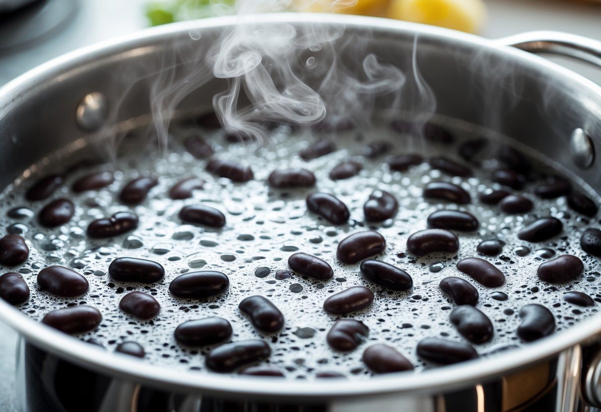 Feijão preto fervendo com espuma na superfície da água em uma panela.