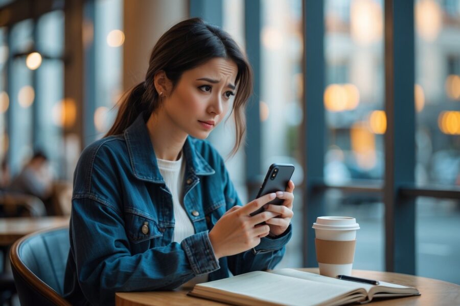 Mulher sentada sozinha em um café olhando pensativa para o celular na mão.