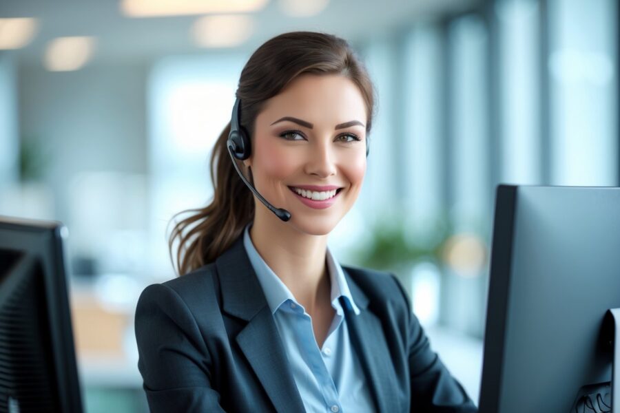 Atendente sorridente usando headset em escritório moderno, pronta para ajudar.