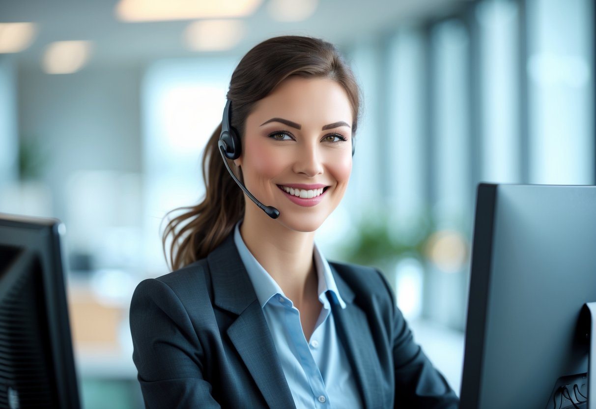 Atendente sorridente usando headset em escritório moderno, pronta para ajudar.