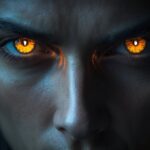 Close-up do rosto de uma pessoa com olhar intenso e penetrante, com iluminação dramática e fundo escuro.