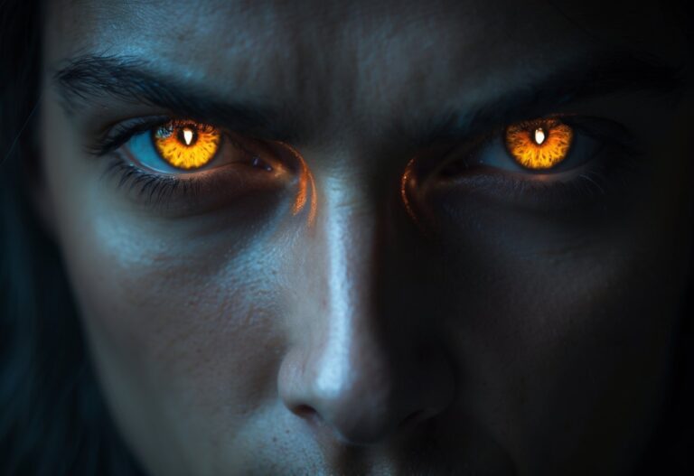 Close-up do rosto de uma pessoa com olhar intenso e penetrante, com iluminação dramática e fundo escuro.