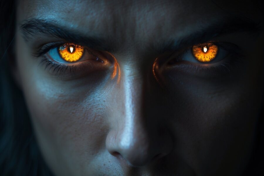 Close-up do rosto de uma pessoa com olhar intenso e penetrante, com iluminação dramática e fundo escuro.