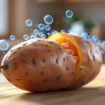 Batata doce sobre uma mesa de cozinha com bolhas translúcidas ao redor, representando gases.