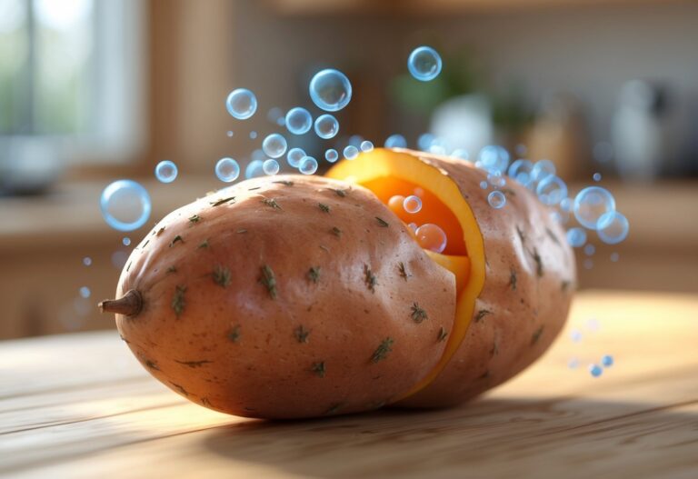 Batata doce sobre uma mesa de cozinha com bolhas translúcidas ao redor, representando gases.