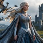 Daenerys Targaryen em pé com cabelos longos e loiros, vestindo um vestido inspirado em escamas de dragão, com dragões voando ao fundo em um cenário medieval.