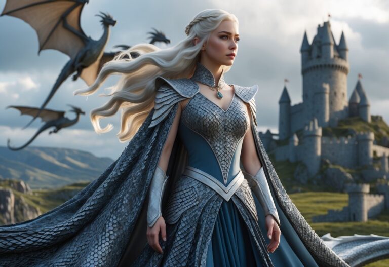 Daenerys Targaryen em pé com cabelos longos e loiros, vestindo um vestido inspirado em escamas de dragão, com dragões voando ao fundo em um cenário medieval.