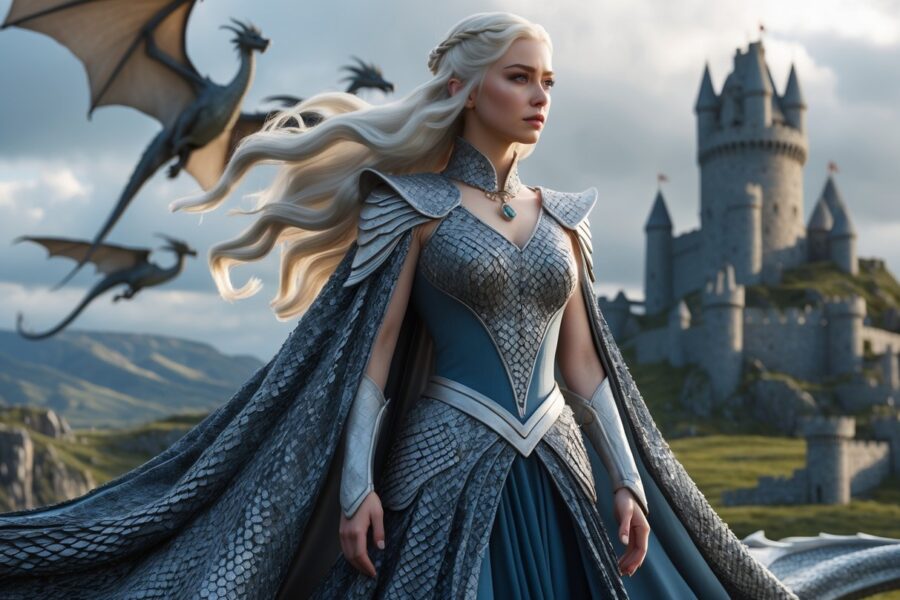 Daenerys Targaryen em pé com cabelos longos e loiros, vestindo um vestido inspirado em escamas de dragão, com dragões voando ao fundo em um cenário medieval.
