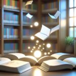 Uma sala de biblioteca calma com estantes cheias de livros de mangá e anime, com orbes brilhantes flutuando e páginas translúcidas no ar, criando uma atmosfera de curiosidade e aprendizado.