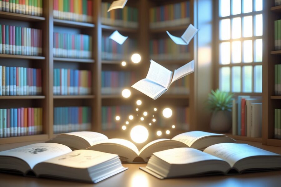 Uma sala de biblioteca calma com estantes cheias de livros de mangá e anime, com orbes brilhantes flutuando e páginas translúcidas no ar, criando uma atmosfera de curiosidade e aprendizado.