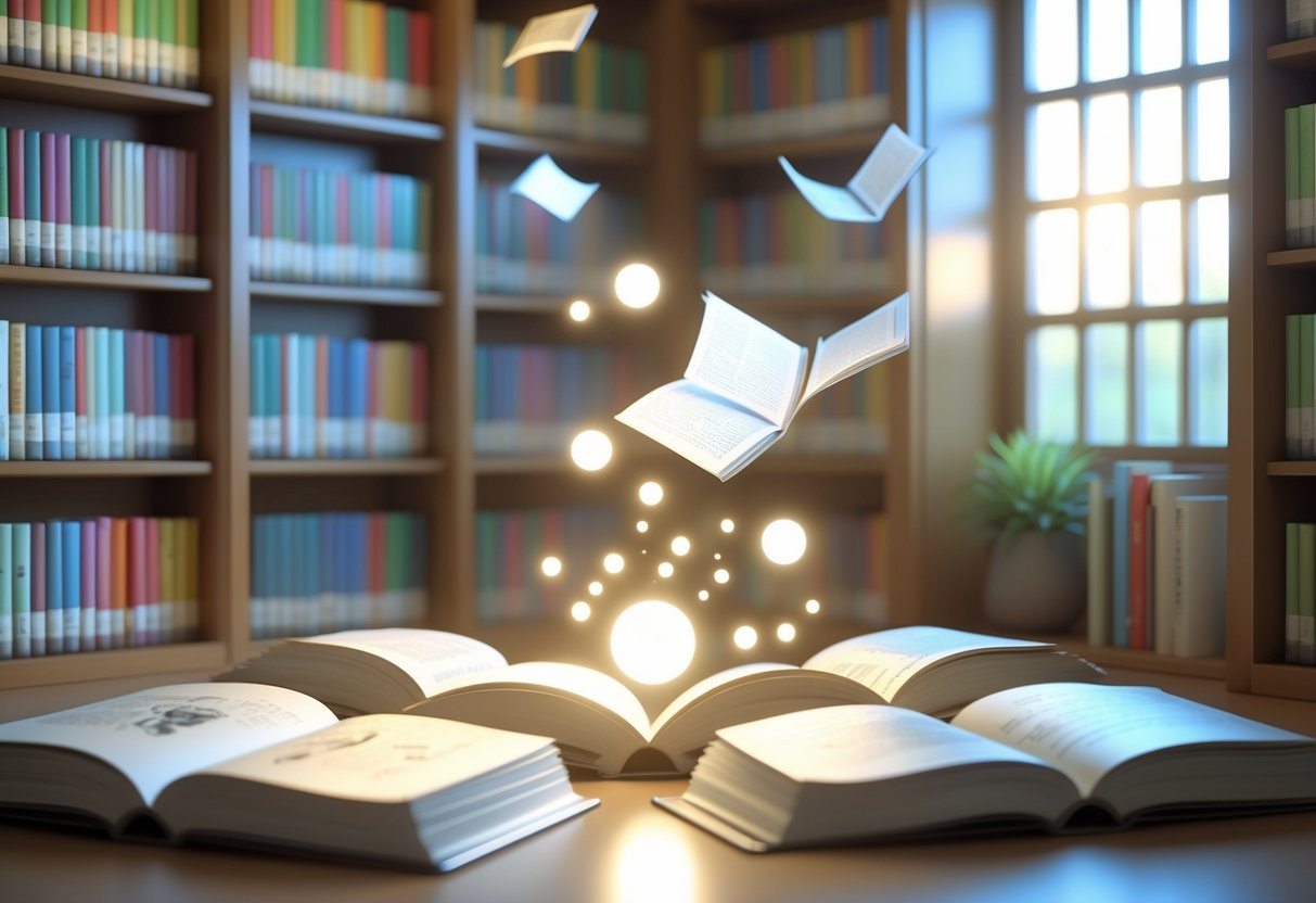 Uma sala de biblioteca calma com estantes cheias de livros de mangá e anime, com orbes brilhantes flutuando e páginas translúcidas no ar, criando uma atmosfera de curiosidade e aprendizado.