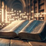 Uma Bíblia aberta sobre uma mesa de madeira, com palavras flutuando ao redor em um ambiente de biblioteca antiga e iluminada suavemente.