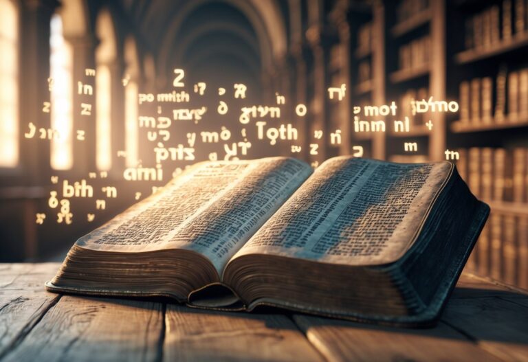 Uma Bíblia aberta sobre uma mesa de madeira, com palavras flutuando ao redor em um ambiente de biblioteca antiga e iluminada suavemente.