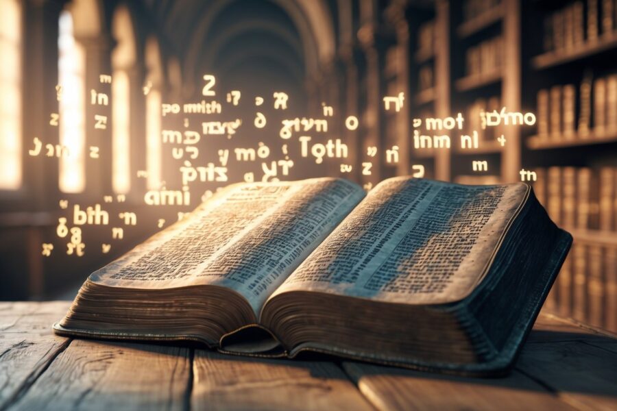 Uma Bíblia aberta sobre uma mesa de madeira, com palavras flutuando ao redor em um ambiente de biblioteca antiga e iluminada suavemente.