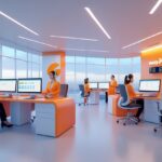 Centro de atendimento ao cliente da EasyJet com agentes trabalhando em estações modernas e relógios mostrando diferentes fusos horários.