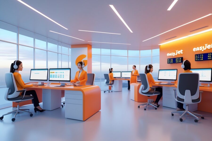Centro de atendimento ao cliente da EasyJet com agentes trabalhando em estações modernas e relógios mostrando diferentes fusos horários.