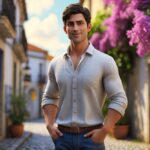 Jovem português em pé em uma rua de pedra com flores e azulejos ao fundo.