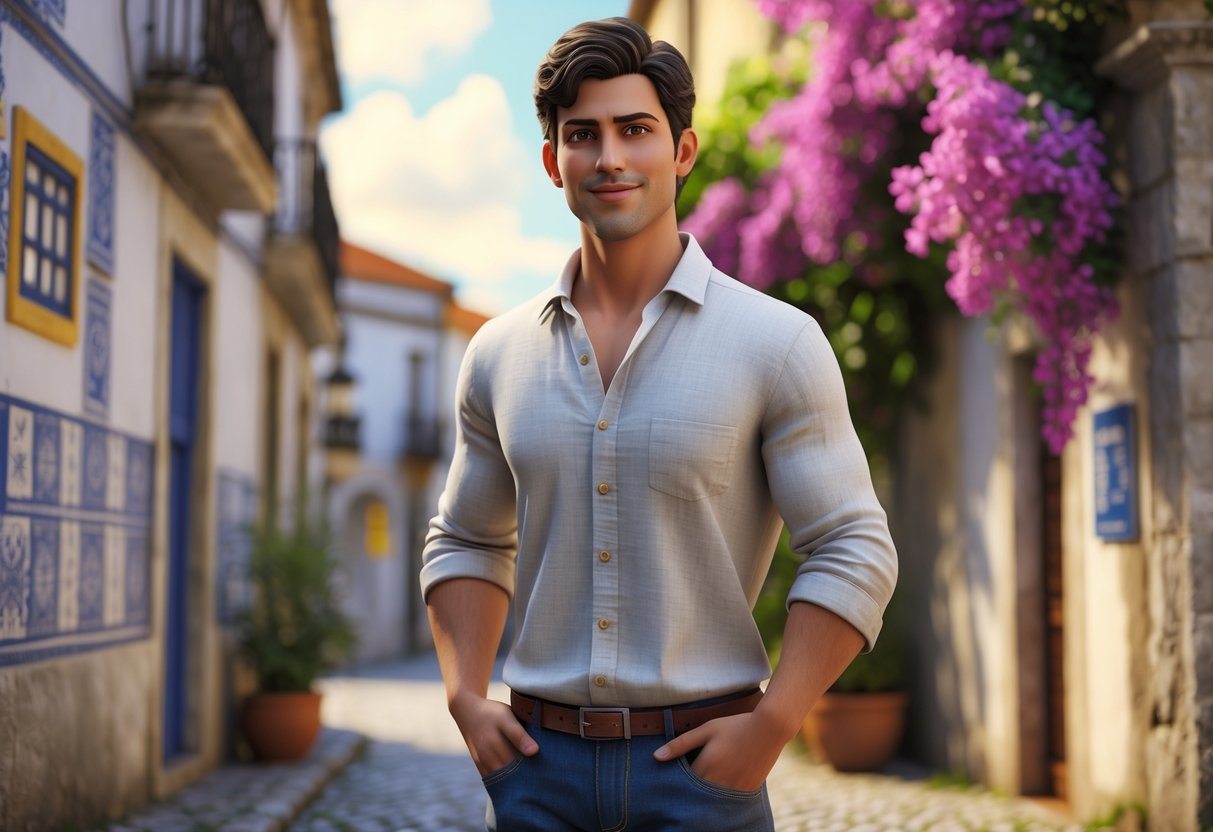 Jovem português em pé em uma rua de pedra com flores e azulejos ao fundo.